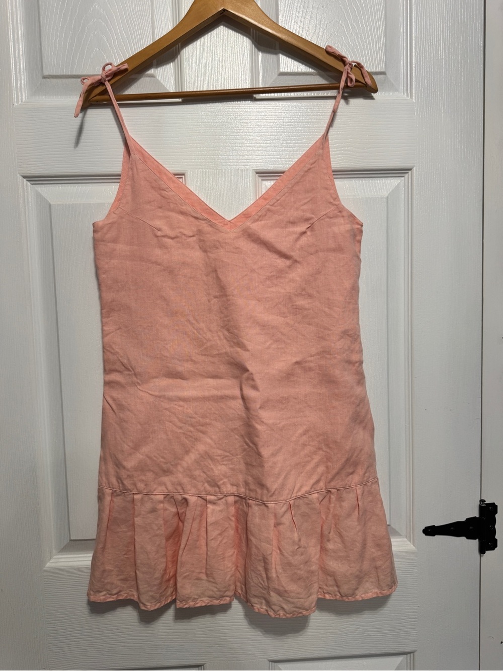 Crasqi Peach Tie-Strap V-Neck Ruffle Hem Dress